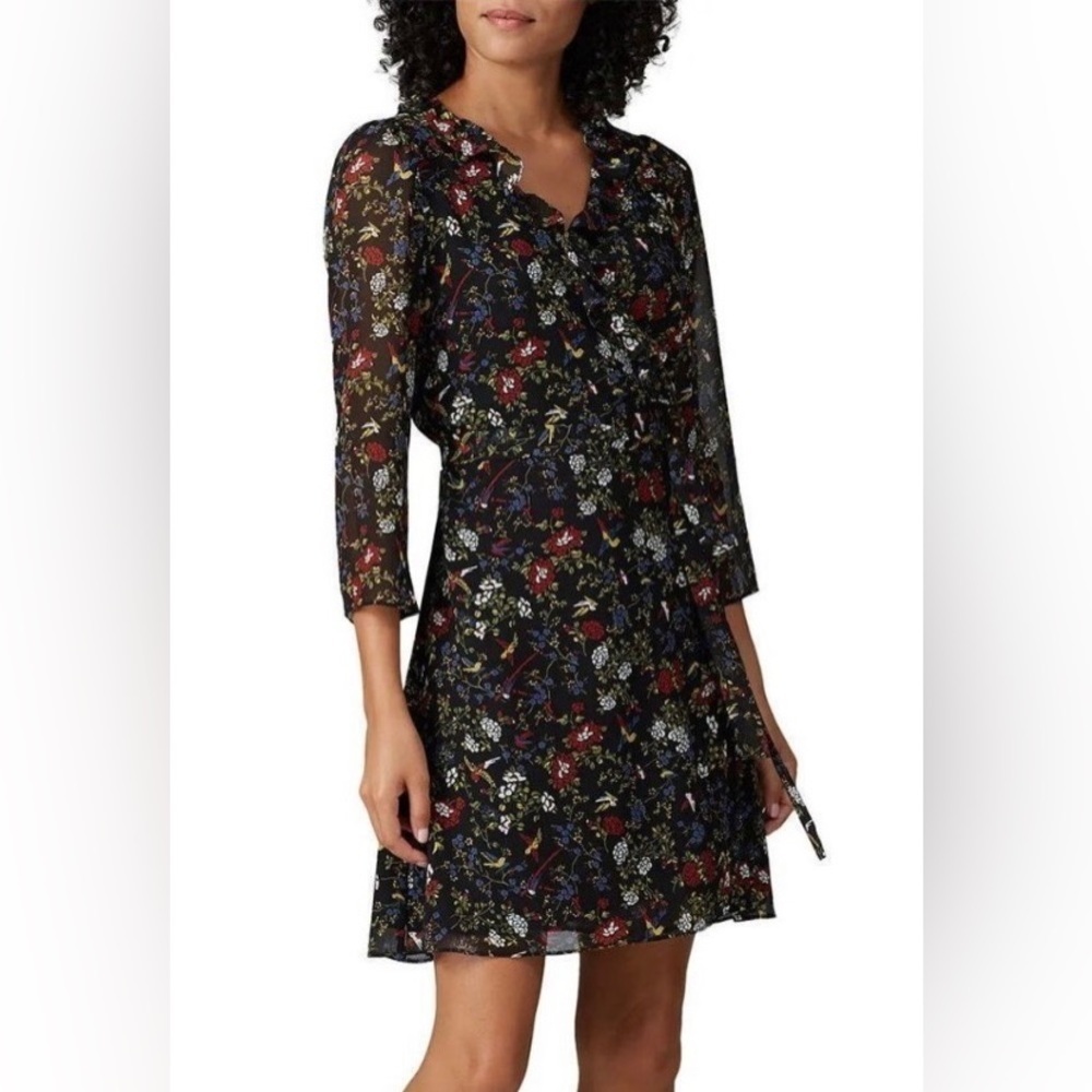 Madewell Ruffle Wrap Dress Finch Birds Dark Floral Sheer Sleeves Size S